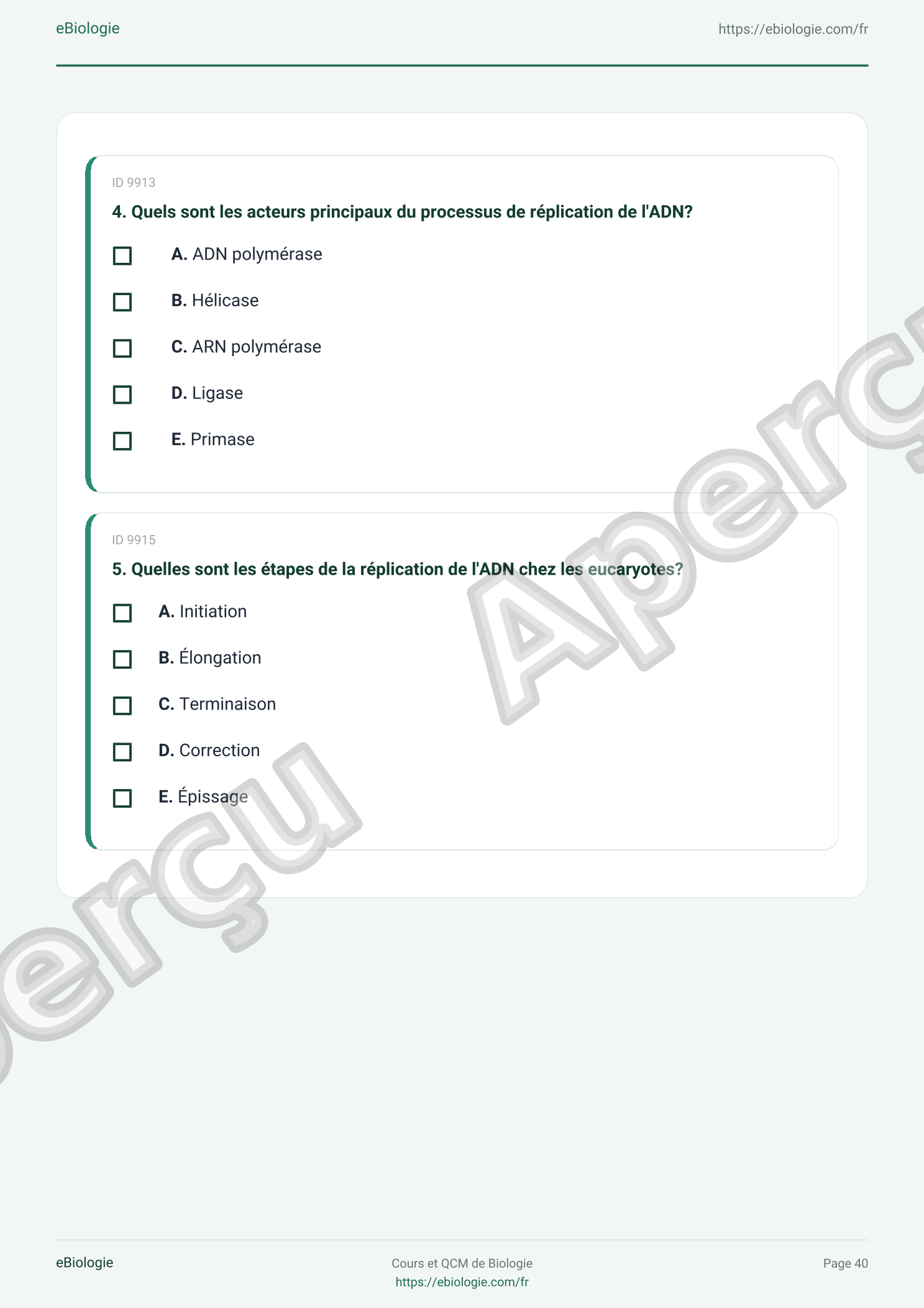 e-Book PDF : La réplication de l'ADN - Cours et QCM (Quiz)
