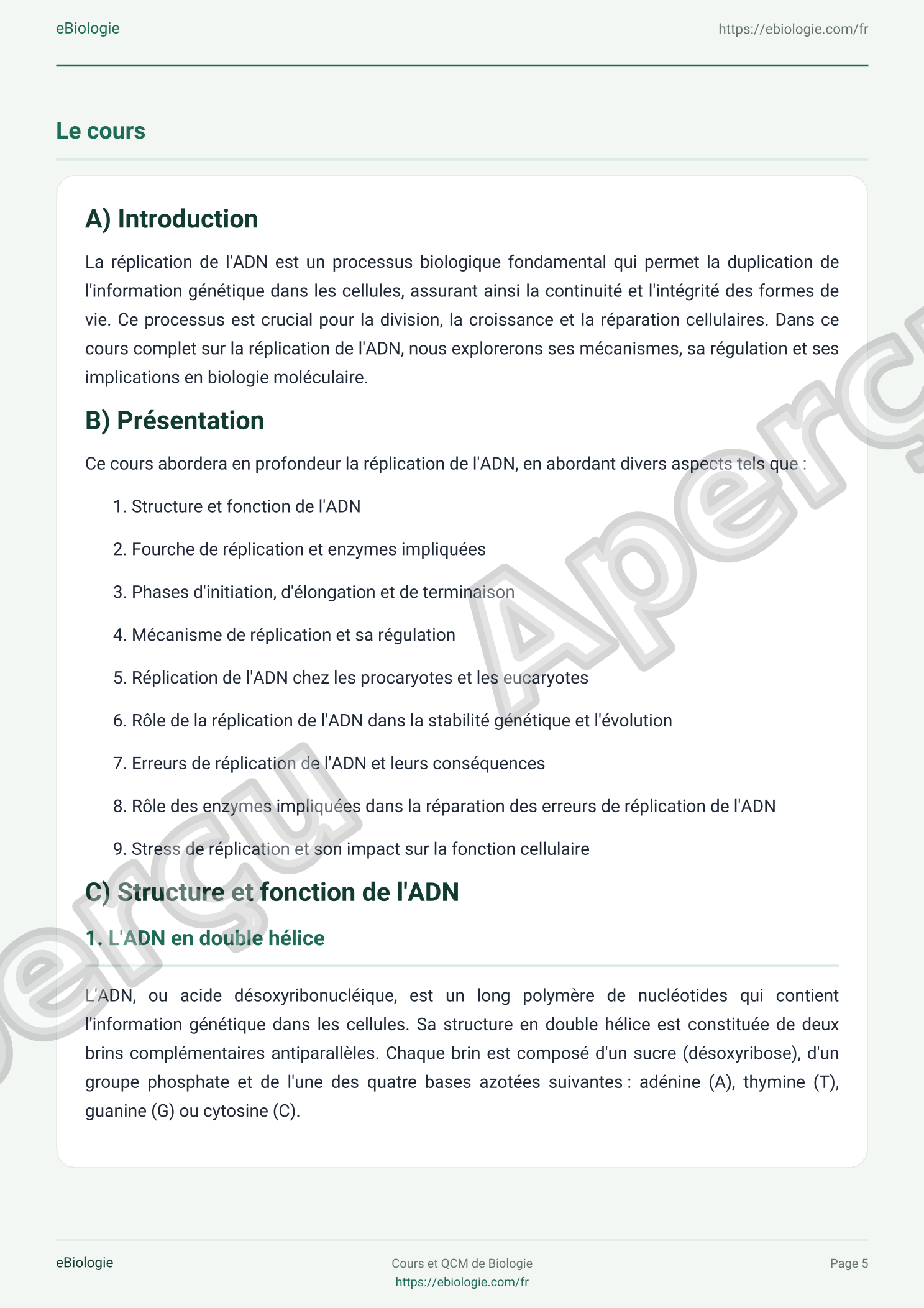 e-Book PDF : La réplication de l'ADN - Cours et QCM (Quiz)