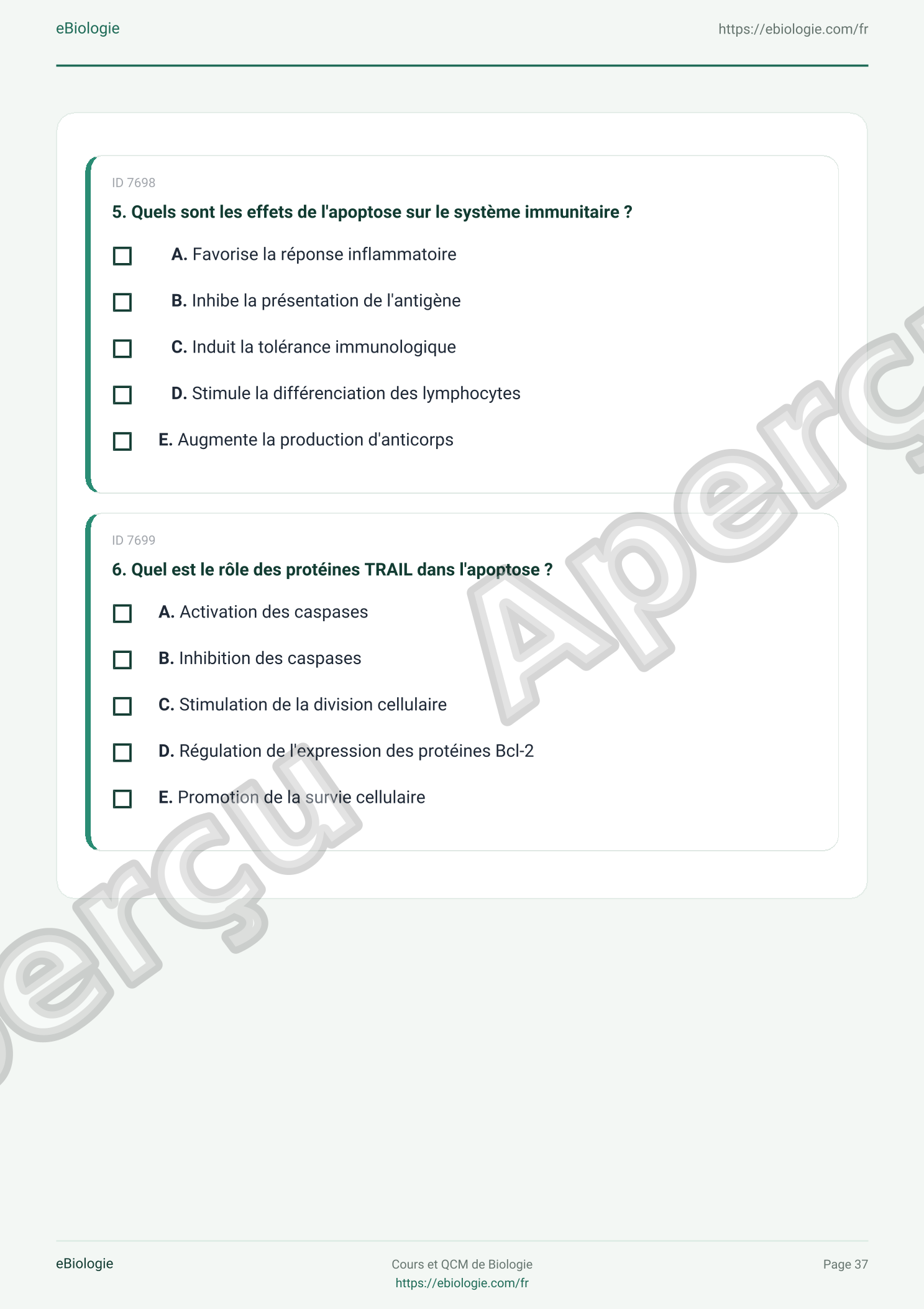 e-Book PDF : L'apoptose - Cours et QCM (Quiz)