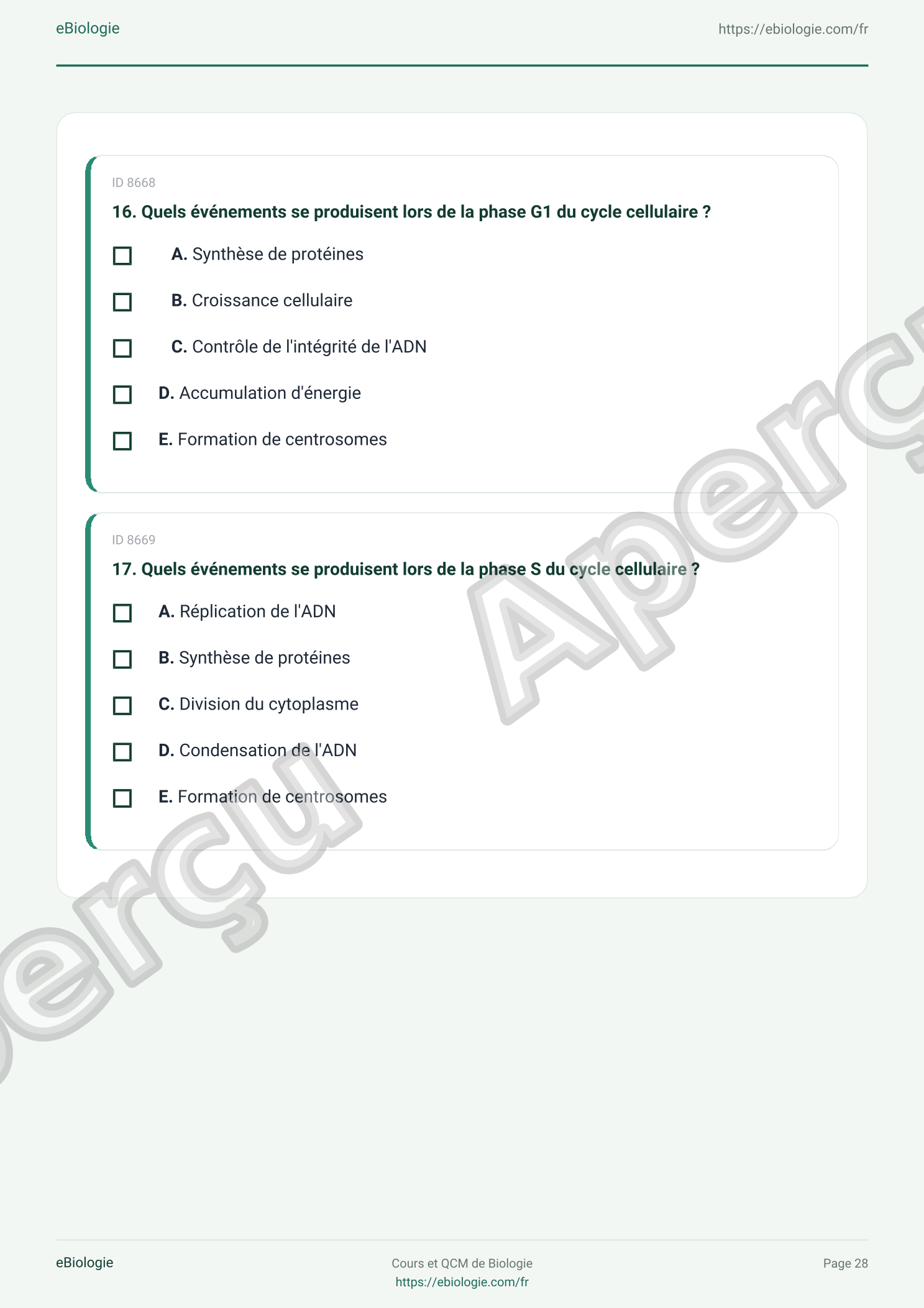 e-Book PDF : Le cycle cellulaire - Cours et QCM (Quiz)
