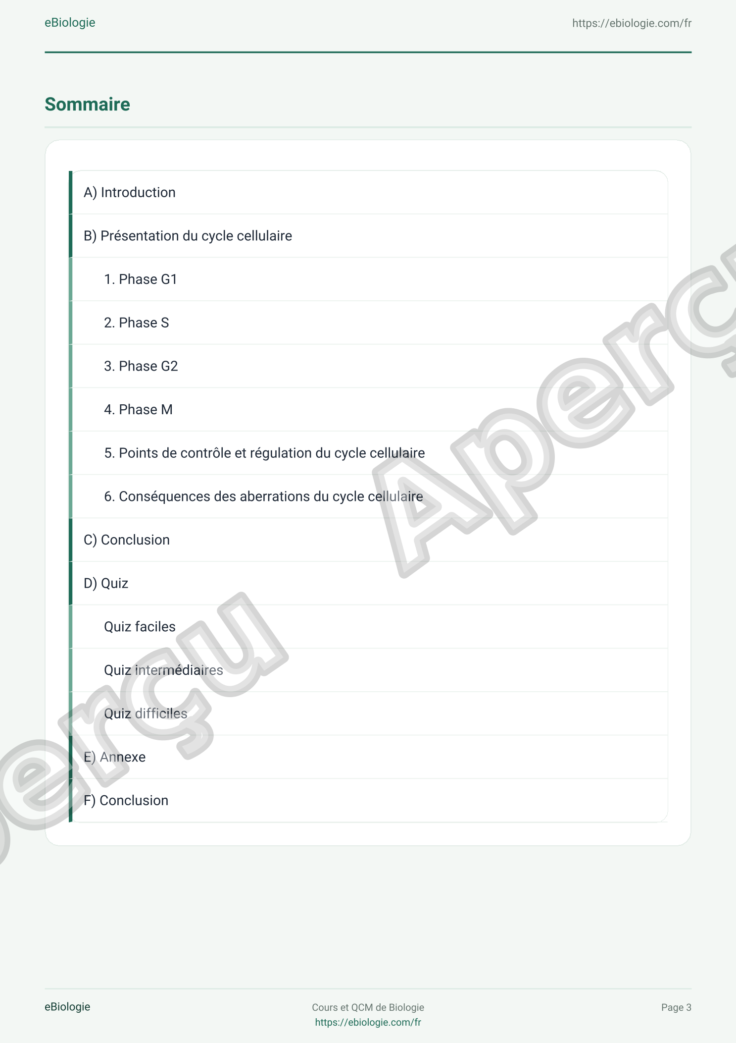 e-Book PDF : Le cycle cellulaire - Cours et QCM (Quiz)