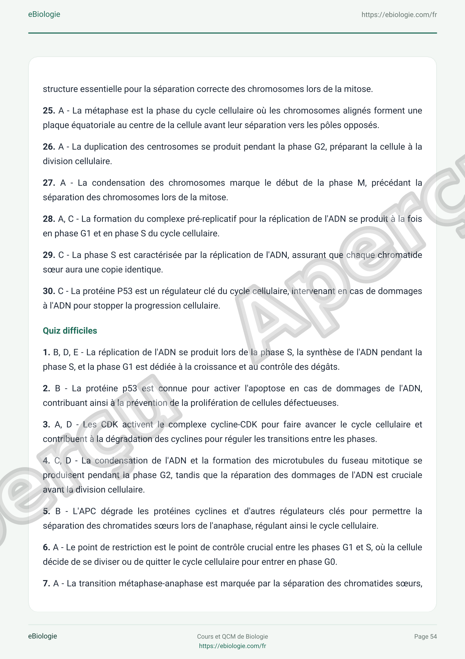e-Book PDF : Le cycle cellulaire - Cours et QCM (Quiz)